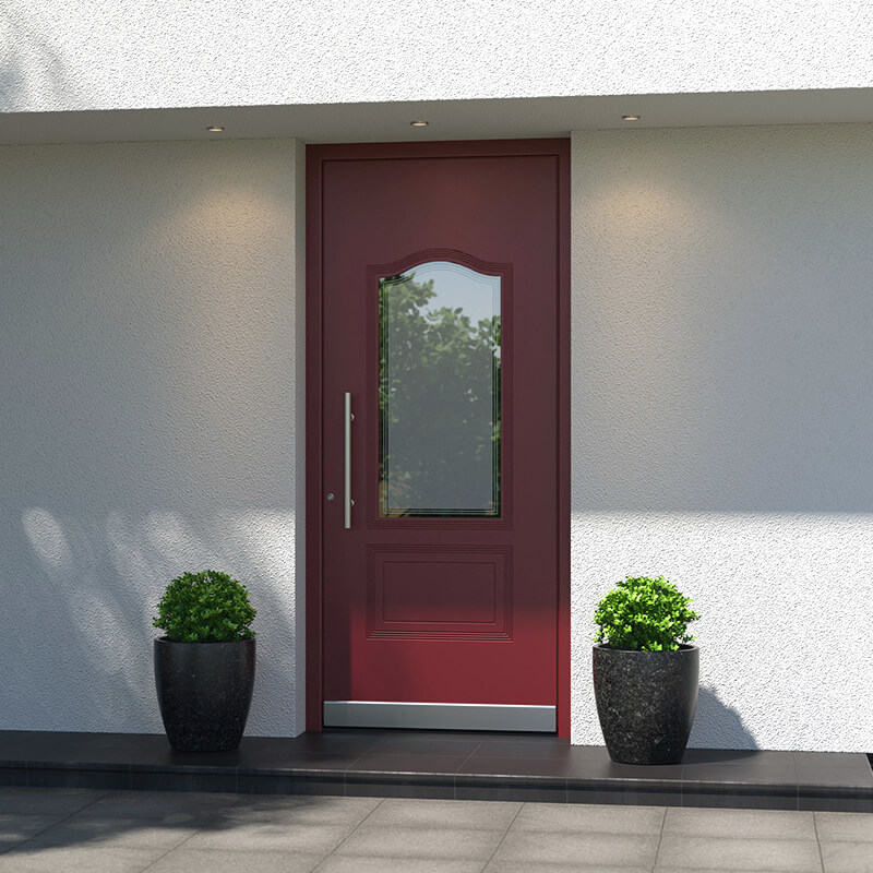 Puerta de entrada roja con cristal